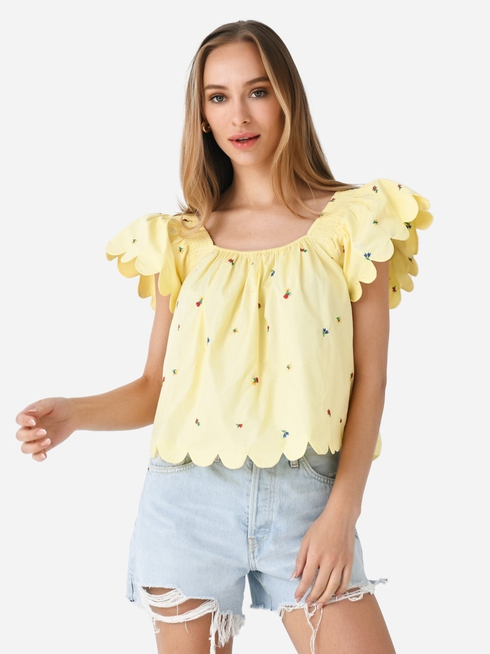 ENGLISH FACTORY Embroidery Flower Women's Scalloped Sleeve Poplin Top Summer